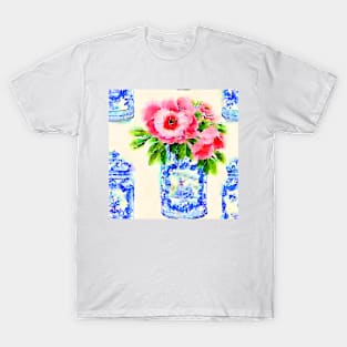 Pink daisies in blue and white chinoiserie jars T-Shirt